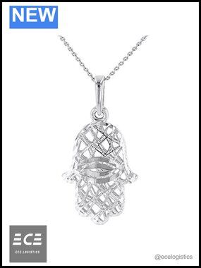 14K White Gold Hamsa Hand Evil Eye Pendant Necklace 16in